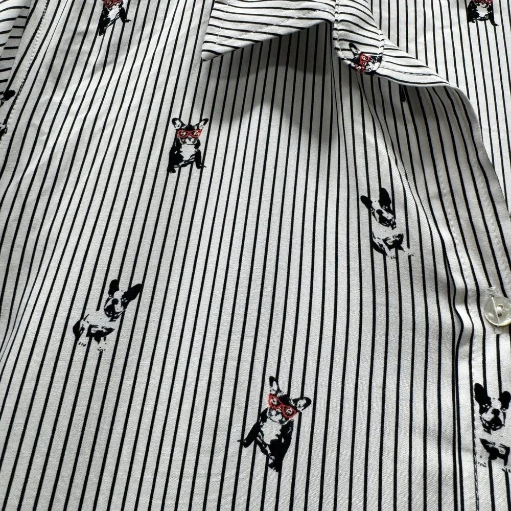Jane and Delancey Button Down Womens XL Striped French Bulldog White Black - Picture 4 of 9